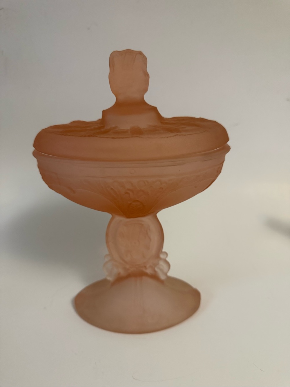 Pink Frosted Depression Glass Covered Dish